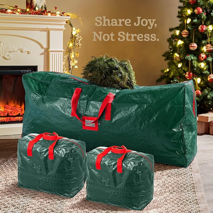 ZOBER Christmas Tree Storage Bag - With 2 Ornaments Accessories/Garland Bags - Fits 7.5 Ft Trees - Plastic, Waterproof Christmas Tree Bag For Storage Box For Xmas - Strong, Durable Handles - Green