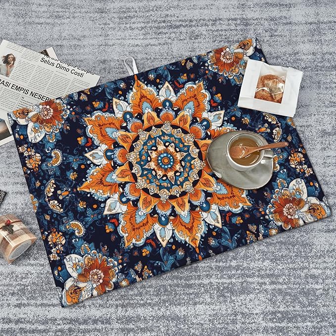 Mandala Flowers Dish Drying Mat for Kitchen Counter Microfiber Super Absorbent Non-Slip Dish Drying Pad for Countertops Dishes Utensils Stylish Quick-Dry Machine Washable 18x24 Inch