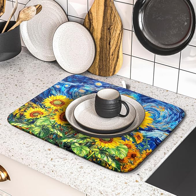 Sunflower Dish Drying Mat for Kitchen Counter 18x16 Inch Starry Night Drying Mat with Absorbent Reversible Microfiber Farmhouse Floral Dish Drainer Mats Rack Pad for Coffee Countertop Protector