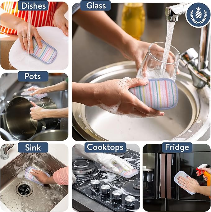 Simplified 5-Pack Scrub & Wipe 2-in-1 Dishwashing Sponges - Non-Abrasive Cleaning Sponges, Double-Sided - Safe for Dishes, Non-Stick Pans or Glassware, Absorbent Dish Sponges, Rainbow Stripe