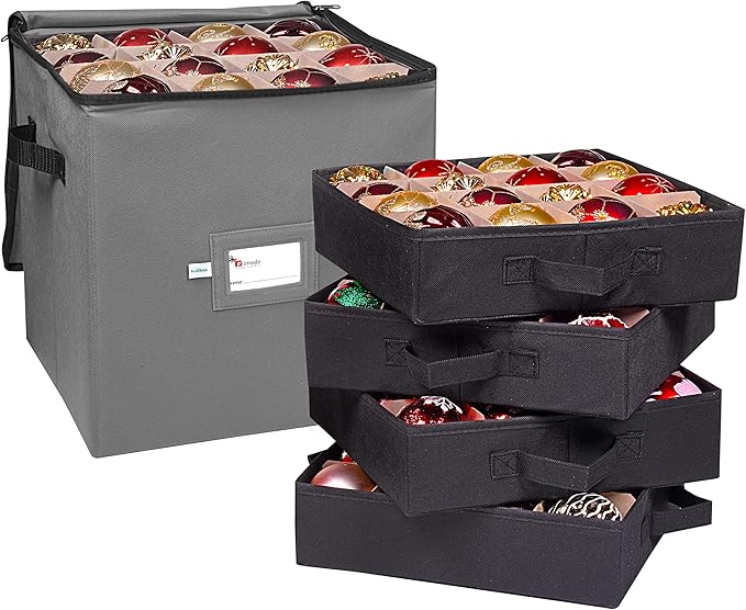 Primode Christmas Ornament Storage Box, 4 Individual Trays Xmas Storage Container, Fits 64 Ornaments Decoration Balls, Constructed of Durable 600D Oxford Material (Gray)