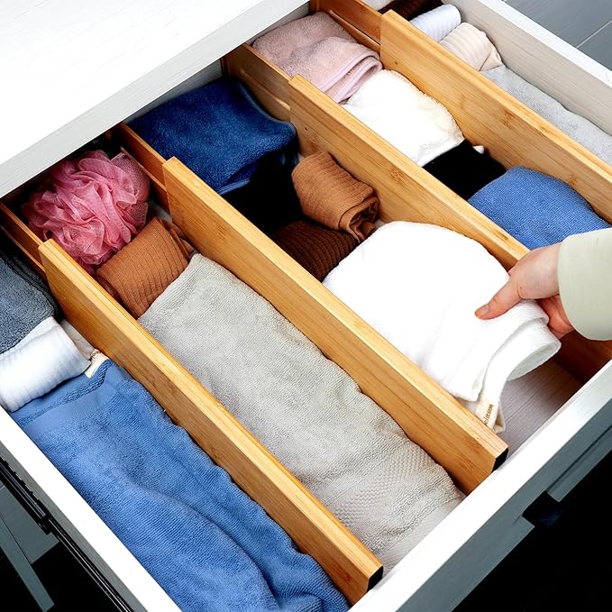 Utoplike Bamboo Drawer Dividers Large, 4'' High Adjustable Kitchen Drawer Organizers for Clothing, Spring Loaded, Works in Bathroom, Bedroom, Dresser, Desk, 4 pcs