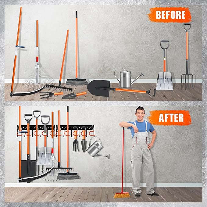 ELEAD 68'' All Metal Adjustable Garden Tool Organizer: Garage Tool Organizer Wall Mount with Orange Hooks, Garage Organizers and Storage, Tool Hangers for Shed
