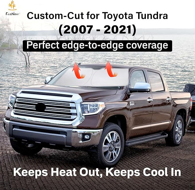 EcoNour Windshield Sun Shade Compatible for Toyota Tundra 2007–2021 | Custom Fit Truck Front Window Sunshade | Foldable UV & Heat Reflective Sun Visor | Interior Protection Accessory