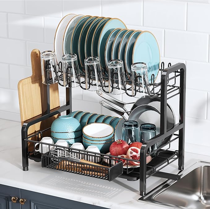 2 Tier Dish Drainers Drying Rack for Kitchen Counter Large Stainless Steel Dishes Drain with Drainboard, Space Saving, Big Modern Black Countertop Metal Plates Dryer Strainer Holder and Extra Tray