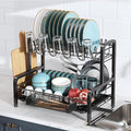 2 Tier Dish Drainers Drying Rack for Kitchen Counter Large Stainless Steel Dishes Drain with Drainboard, Space Saving, Big Modern Black Countertop Metal Plates Dryer Strainer Holder and Extra Tray