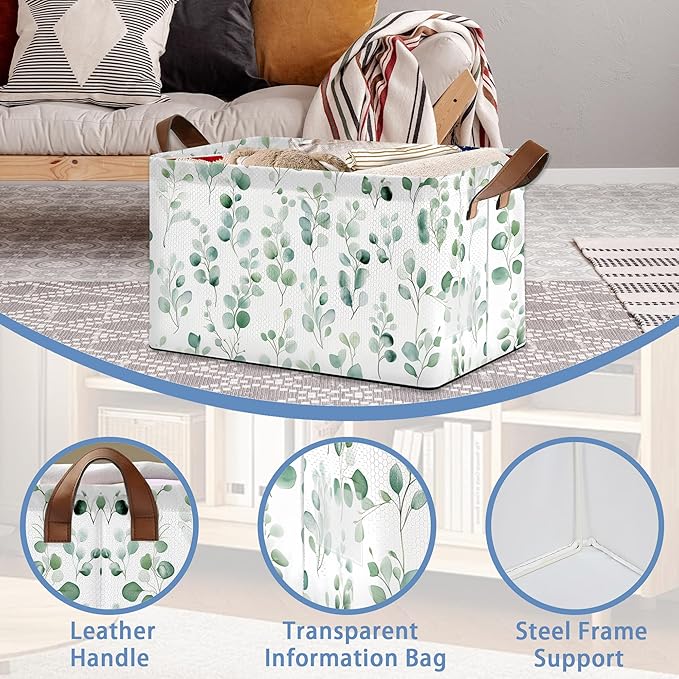 Eucalyptus Storage Basket,Leaves Collapsible Storage Bin Cubes for Living Room Bedroom Blankets Home Storage 17x11.5x10Inch