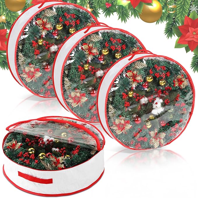 Aliceset 4 Pack Wreath Storage Containers, Christmas Ornament Garland Wreath Storage Bags with Handle Dual Zipper Large Decorative Storages Box for Winter Wreaths(24 x 24 x 7.8 Inch,White)
