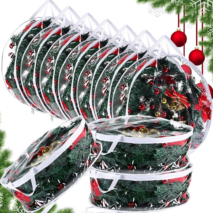 Zhengmy 10 Pcs 24 Inch Christmas Wreath Storage Bags Transparent Wreath Storage Container Bulk Wreaths Box with Dual Zippers and Handles for Xmas Holiday Wreaths Garland