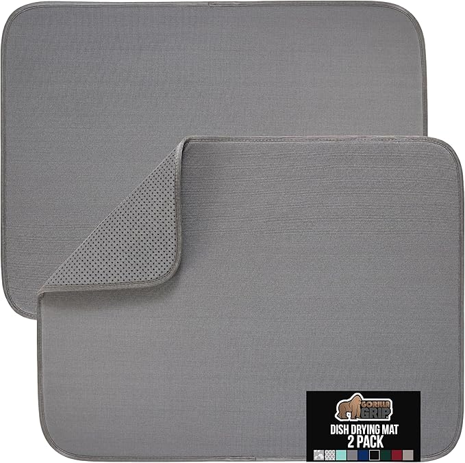 GORILLA GRIP Ultra Water Absorbent Microfiber Dish Drying Mat 2 Pack, Quick Dry Thick Mesh, Slip Resistant Pad for Sink Dishes or Under Rack, Kitchen Counter Accessories, Machine Wash, 18x16, Gray