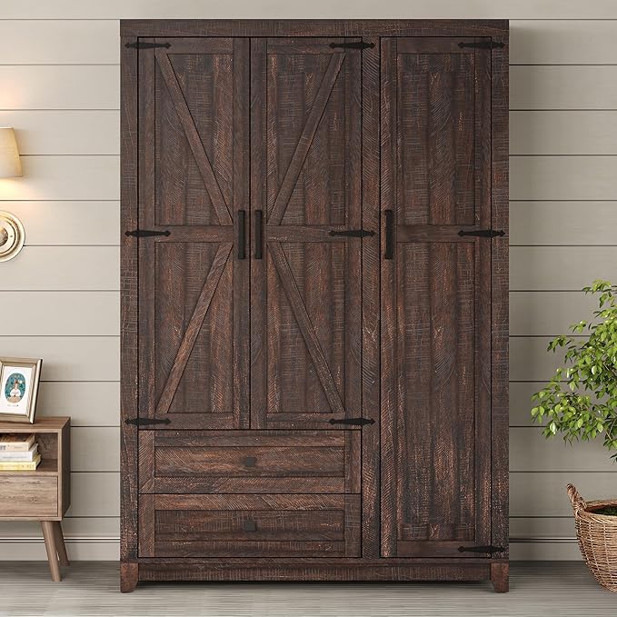 AMERLIFE Farmhouse 3 Door Wardrobe Closet with 2 Drawers & Hanging Rod, 47" Large Armoire Storage Cabinet with Adjustable Shelves, Freestanding Clothing Organizer for Bedroom, Barnwood Brown