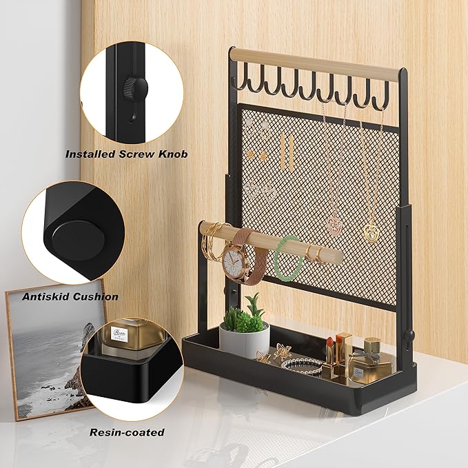 IOAIANIA Jewelry Organizer Stand, Liftable Necklace Holder with Earring Organizer Net, 9 Hooks Necklaces Storage Wooden Handing Bar for Bracelets Watches Rings (Black)