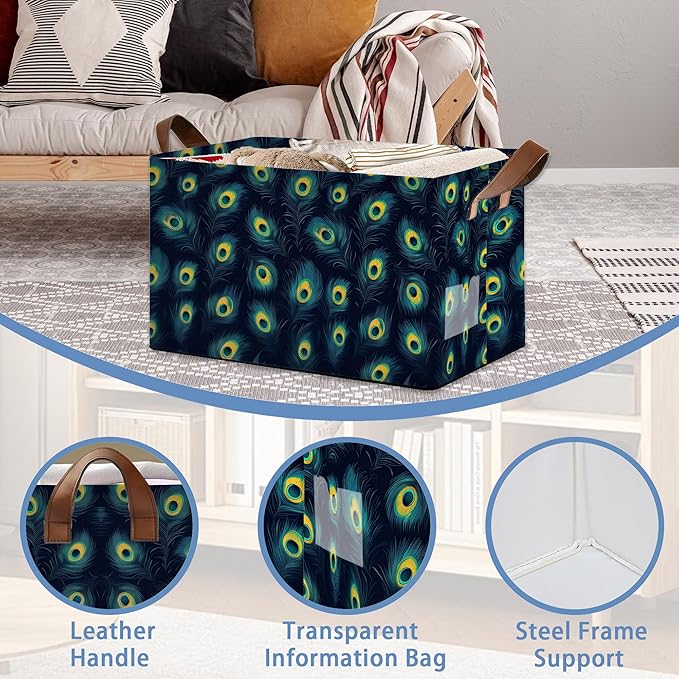 Retro Peacock Storage Basket with Handles,Collapsible Rectangle Organizer Bin for Room Decoration Books Box Baskets 17x11.5x10Inch