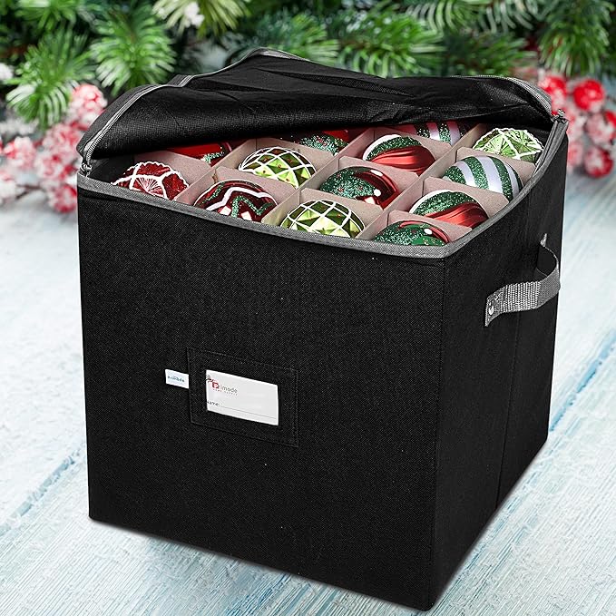 Primode Christmas Ornament Storage Box, 4 Individual Trays Xmas Storage Container, Fits 64 Ornaments Decoration Balls, Constructed of Durable 600D Oxford Material (Black)