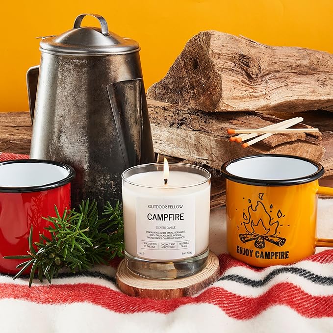 Outdoor Fellow Campfire Scented Candle, 8oz, Coconut & Apricot Wax Blend, Sandalwood, Smoked Amber, Charred Cedarwood, Reusable Glass, 40-50 Hour Burn Time