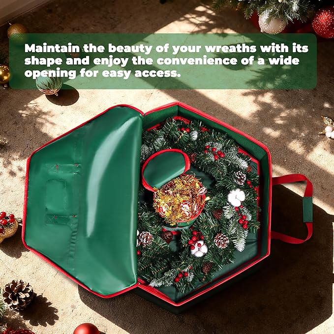 Christmas Wreath Storage Container - 30" Sturdy Hard Shell Christmas Wreath Storage Bag with Interior Pockets, Dual Zipper and Handles, Premium Wreath Storage Organizer Box