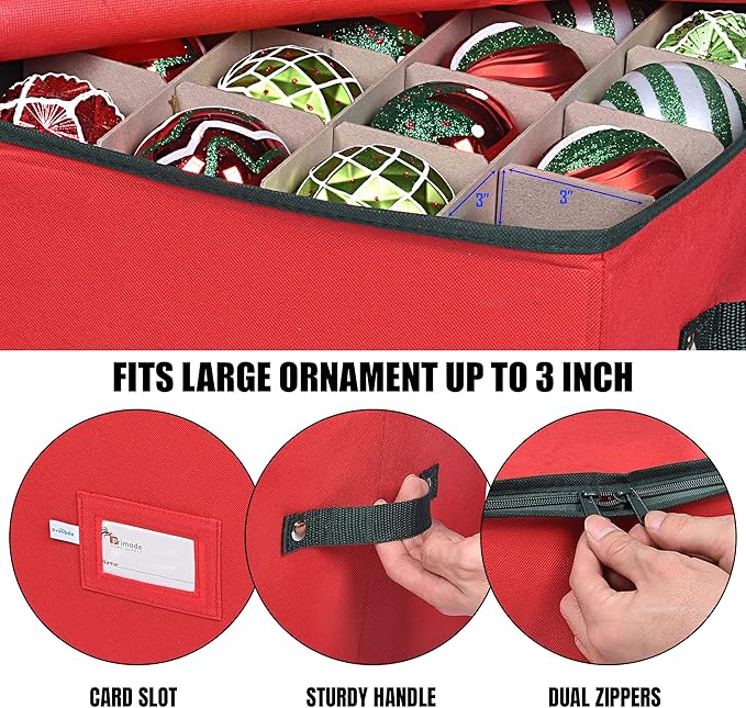 Primode Christmas Ornament Storage Box, 4 Individual Trays Xmas Storage Container, Fits 64 Ornaments Decoration Balls, Constructed of Durable Polyester Material (Red)