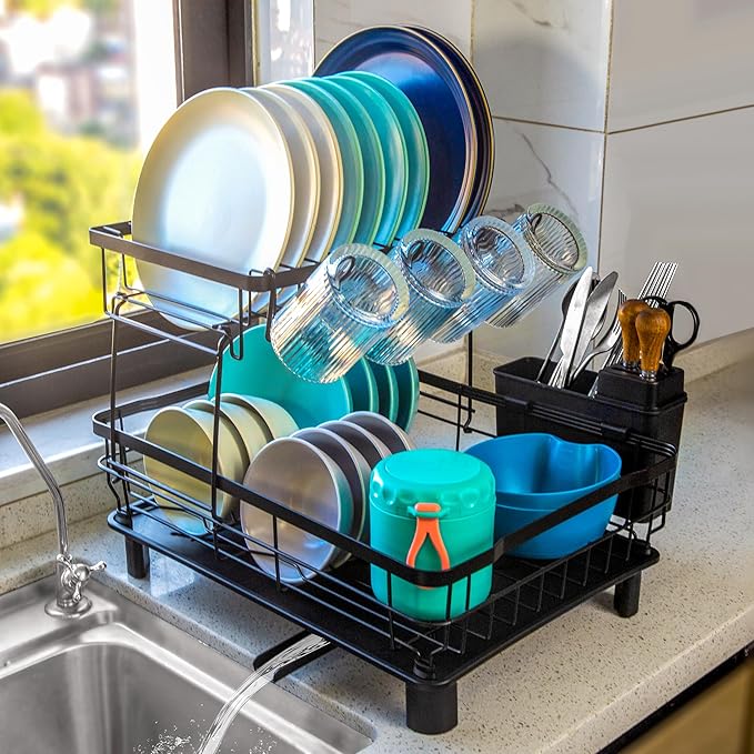 Goderewild 2-Tier Dish Drying Rack for Kitchen Counter,Space-Saving Dish Rack with Drainboard,Rustproof Countertop Dish Drainer with Utensil Holder for Sink,Black