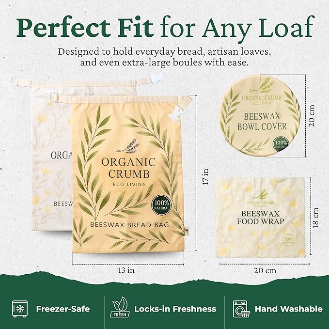 Organic Crumb Reusable Bread Bags for Homemade Bread (5 in 1) – 2 XL Cotton Beeswax Bags, Reusable Beeswax Wrap, Bowl Cover & Dough Scraper – Eco-Friendly Storage for Sourdough Bread Bags.