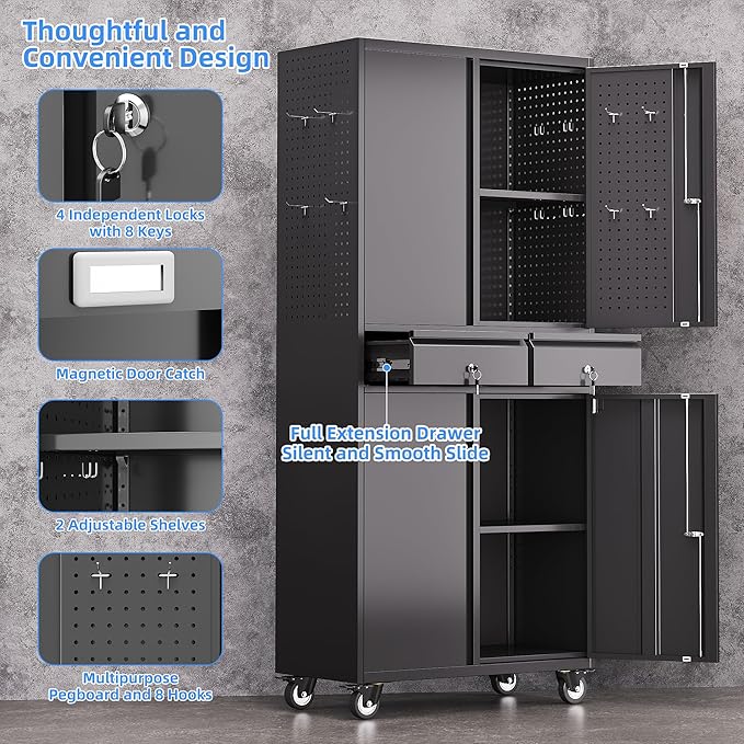 Metal Garage Storage Cabinet with 2 Drawers and 2 Adjustable Shelves, Rolling Tool Storage Cabinet with Wheels and Locking Doors for Garage, Warehouse, Black, Assembly Required