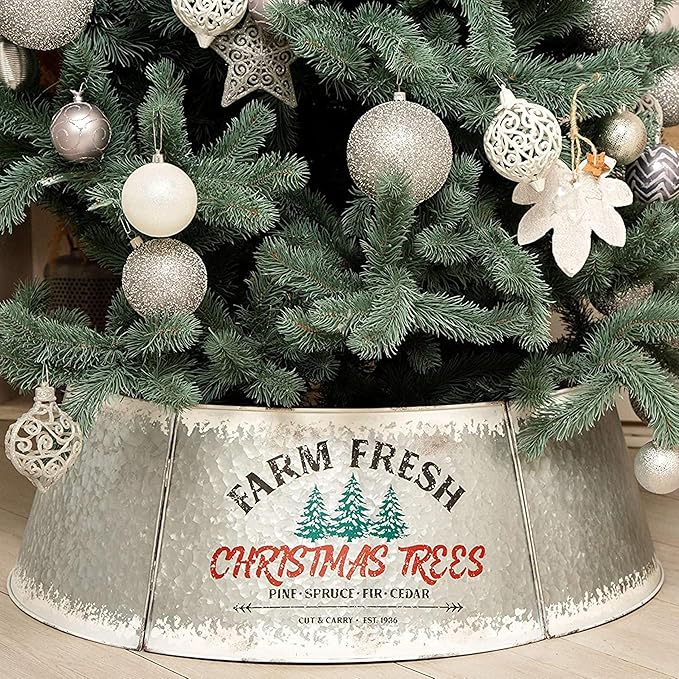 Hallops Galvanized Christmas Tree Collar - Adjustable Metal Christmas Tree Skirt - Standard Size, 28 Inch Base - Durable Christmas Decor for Large and Small Trees - Distressed White Farmhouse Design