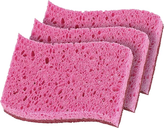 Superio Non-Scratch Cellulose Sponge Kitchen Scrub Sponges with Scouring Pad Set, Good for Non-Stick Cookware Frying Pan, Pot, Counter Top, Sink Scrubbing, Kitchen Scrubbers, Pack of 3, RedPink