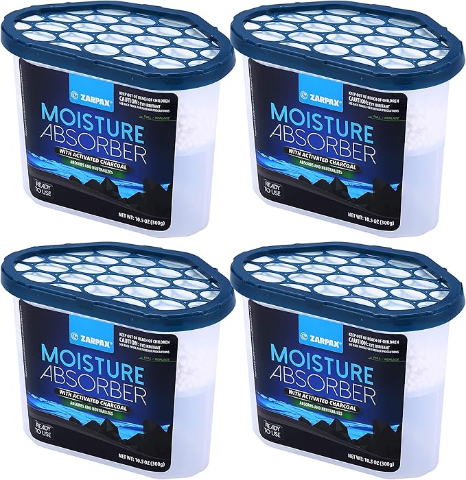 ZARPAX Moisture Absorber Activated Charcoal 10.5 oz/300g | Removes Moisture, Damp, Humidity & Odors | Odor Absorber | Moisture Trap for Bathroom, Closet, Kitchen & Small Spaces | Set of 4
