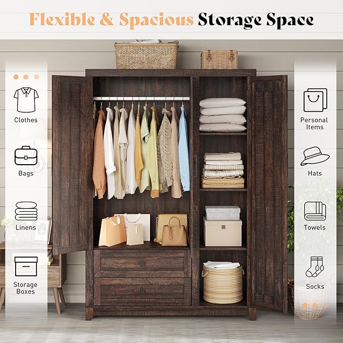 AMERLIFE Farmhouse 3 Door Wardrobe Closet with 2 Drawers & Hanging Rod, 47" Large Armoire Storage Cabinet with Adjustable Shelves, Freestanding Clothing Organizer for Bedroom, Barnwood Brown