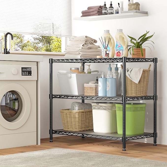 RackBro 3-Tier Storage Shelves 795LBS Metal Shelving Unit, Adjustable Wire Rack Small Shelf Organizer with 3 Shelf Liners for Kitchen Pantry Office Bedroom Closet Garage 24" W x 14" D x 30" H Black