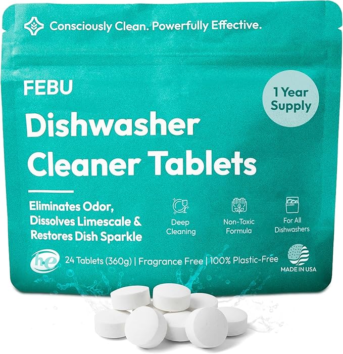 FEBU Dishwasher Cleaner Tablets Made in USA | Natural Dishwasher Cleaner and Deodorizer | Eliminates Grease & Grime | 8 Natural, Biodegradable, Plant-Based Ingredients | 24 Tablets - 12 Month Supply