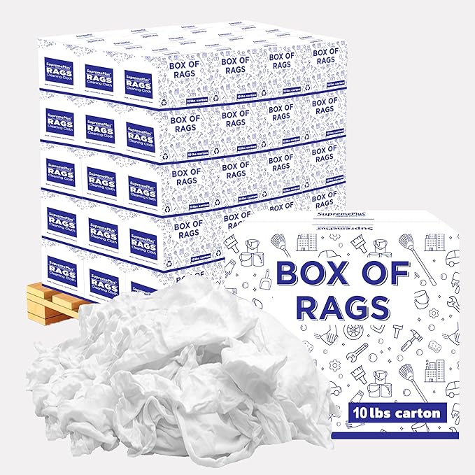 Premium White Knit (600 lbs. Pallet - 60x10 lbs. Box of Rags) Cotton T-Shirt Cloth Wiping Rags - Shop Cleaning Tshirt Cloths, Staining & Finishing Rag for Auto, Grease, Paint & Wood