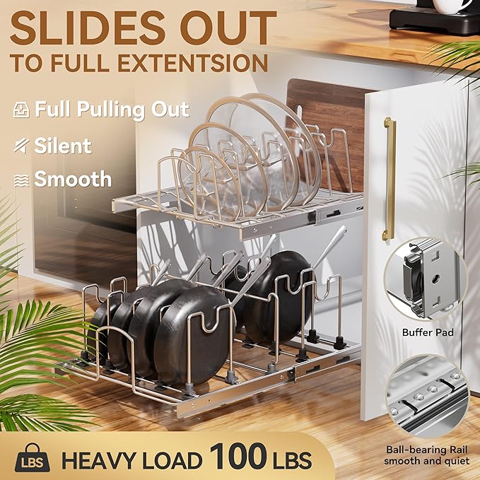 STORKING 2-Tier Kitchen Pull out Cabinet Organizer for Pots, Pans, and Lid Cookware, Adjustable Heavy Duty Wire Pan and Pot Rack, Full-Extension Rail 15" W *22" D