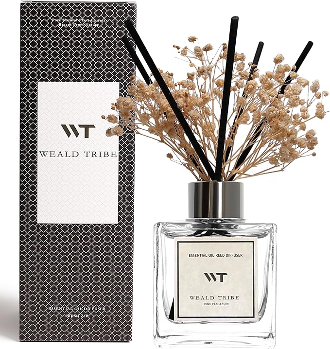 WEALD TRIBE Reed Diffuser Set for Bathroom Air Fresheners with Real Flower, Oil Diffuser Stick | Vanilla Whiskey Scent 5.1 fl oz Home Fragrance with Sticks Defusers | House Bedroom Office Shelf Decor