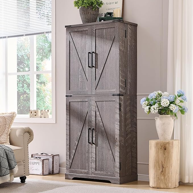 ACCOHOHO 72" Tall Kitchen Pantry, Farmhouse Storage Cabinet with Barn Doors, Organizer, Drawer and Adjustable Shelves, Rustic Wood Cupboard for Kitchen, Dining Room, Bathroom and Hallway, Rustic Grey