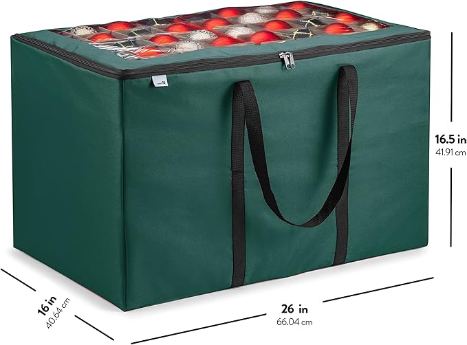 ZOBER Christmas Ornament Storage Box - Stores 200 3" Ornaments with Individual Trays - Tear Proof 600D Oxford Fabric - ornament organizer storage box, Durable Christmas Containers Holder - Green