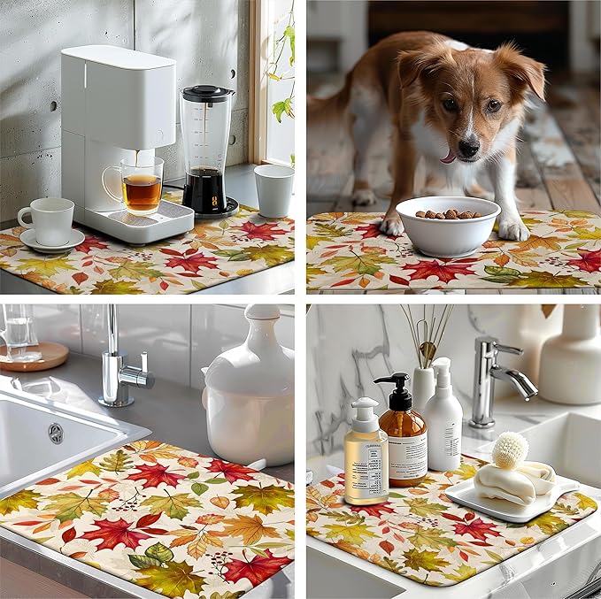 Wnoesat Fall Maple Leaves Dish Drying Mat for Kitchen Counter 18 x 24 Inch Autumn Thanksgiving Absorbent Reversible Microfiber Dish Draining Mat Washable Dish Drainer Rack Mat for Coffee Bar