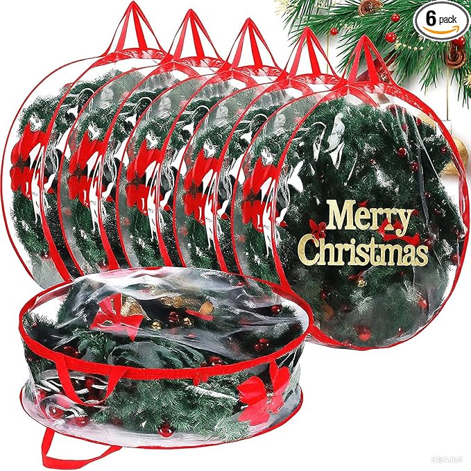 Shappy 6 Pieces Clear Christmas Wreath Storage Container 24 Inches Xmas Wreath Storage Bag Plastic Christmas Garland Container with Dual Zippers and Reinforced Handles for Xmas Seasonal (Red)
