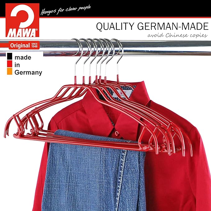 Mawa by Reston Lloyd Silhouette Ultra-Thin Series, Non-Slip Space Saving Shirt Hanger with Pant Bar & Skirt Hooks, Style 42/FTU, Pack of 2, Red