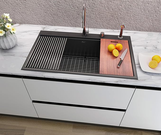 36” x 22 “ Workstation Topmount/Drop-in Nano Black Stainless Steel Sink, 16-Gauge Single Bowl with 15mm Radius, Includes Bottom Grid, Dish Rack, Colander, Strainer & Cutting Board