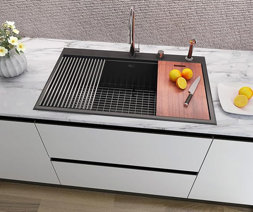 36” x 22 “ Workstation Topmount/Drop-in Nano Black Stainless Steel Sink, 16-Gauge Single Bowl with 15mm Radius, Includes Bottom Grid, Dish Rack, Colander, Strainer & Cutting Board