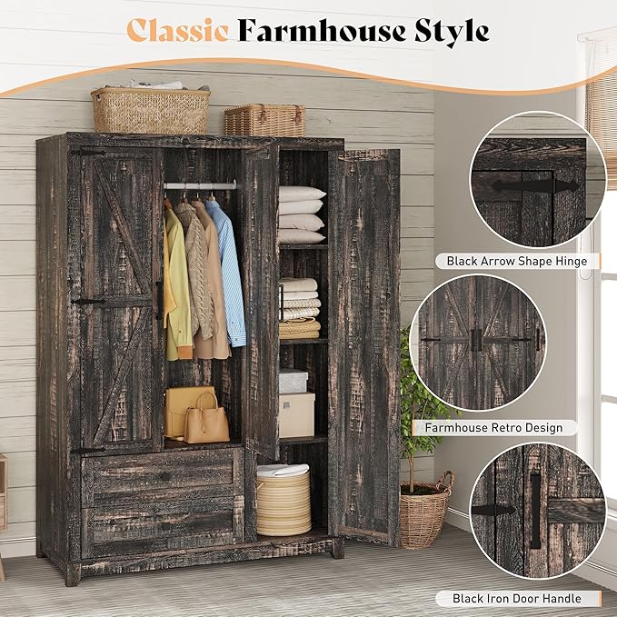 AMERLIFE Farmhouse 3 Door Wardrobe Closet with 2 Drawers & Hanging Rod, 47" Large Armoire Storage Cabinet with Adjustable Shelves, Freestanding Clothing Organizer for Bedroom, Black Oak