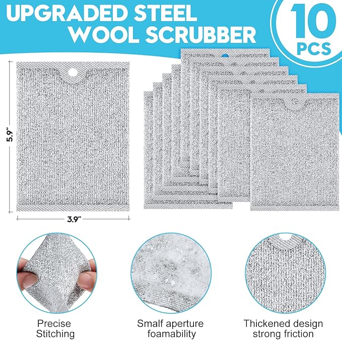 VMKBL Steel Wool Scrubber, Wire Dishwashing Rags, 10 Pcs Multipurpose Wire Dishcloth, Wet & Dry for Cookware, Sinks, Dishes, Stoves & Fireplaces 5.9“ x 3.9”