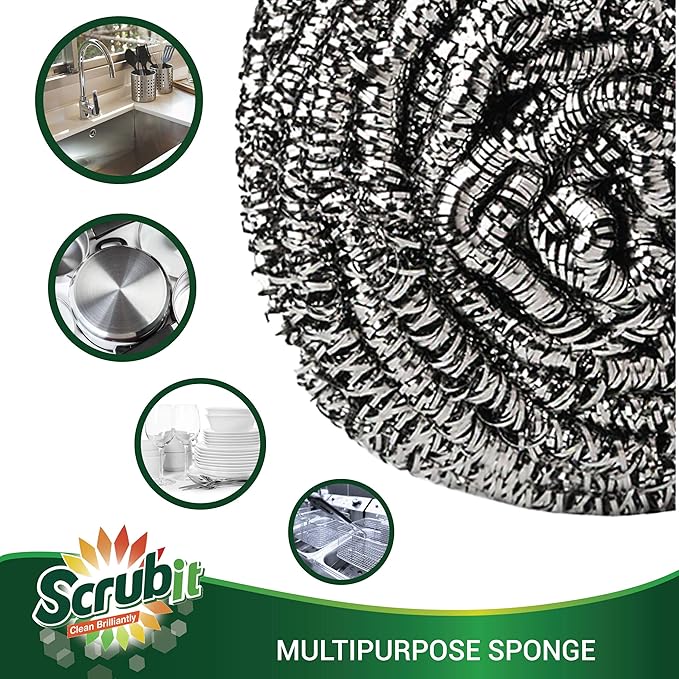 SCRUBIT 6 Pack Stainless Steel Scourers – Steel Wool Scrubber Pad Used for Dishes, Pots, Pans, and Ovens. Easy scouring for Tough Kitchen Cleaning.