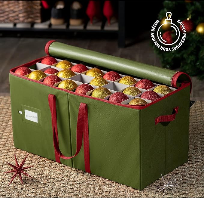ZOBER Large Christmas Ornament Storage Box - Stores 128 3" Ornaments, With Dividers - Ornament Organizer Storage Box, Durable Christmas Containers Holder - Extra Pockets, Dual Zipper - Green