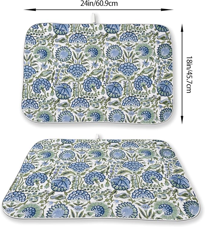 Boho Navy Blue Sage Green Dish Drying Mat 18x24 Inch Vintage Floral Drying Mat Chinoiserie Flower Spring Summer Absorbent Dish Drying Pad Dish Rack Drainer Mats for Kitchen Dining Counter
