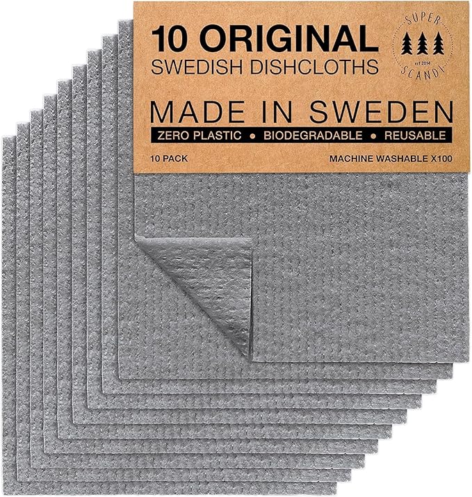 SUPERSCANDI 10 Pack Swedish Dishcloths for Kitchen - 100% Biodegradable & Compostable Reusable Paper Towels Washable, Food-Safe & Without Plastic - Dish Rags Suitable for Any Surface, Grey