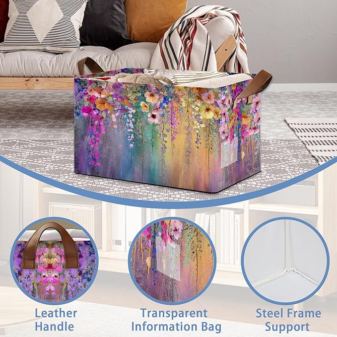 Colorful Flowers Collapsible Storage Box,Organizer Bin with Handles for Room Decoration,Bins Book Basket Box 17x11.5x10Inch
