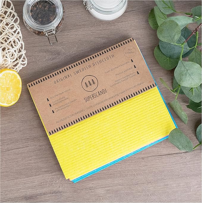 SUPERSCANDI 6 Pack Swedish Dishcloths for Kitchen - 100% Biodegradable & Compostable Reusable Paper Towels Washable, Food-Safe & Without Plastic - Dish Rags for Any Surface, Pink, Yellow, White