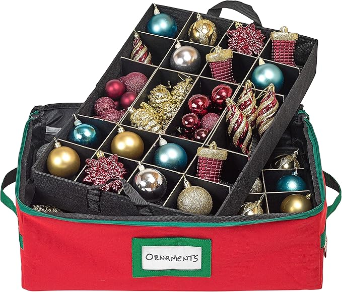 HOLDN’ STORAGE Christmas Ornament Storage Box with Dividers - Fits 48-3” Ornaments, 2 Removable Trays, Durable & Space-Saving, Clear Top Lid, Fits Underbed, Red