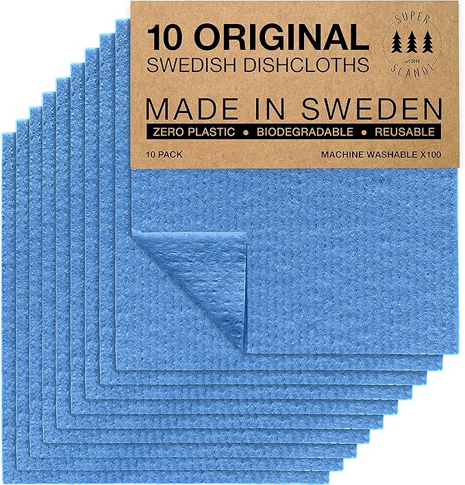 SUPERSCANDI 10 Pack Swedish Dishcloths for Kitchen - 100% Biodegradable & Compostable Reusable Paper Towels Washable, Food-Safe & Without Plastic - Dish Rags Suitable for Any Surface, Blue.